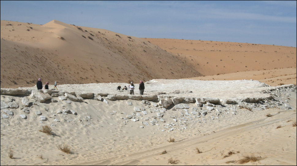 Archaeologists at the Alathar lake site in the western Nefud Desert, Saudi Arabia. (Image: Palaeodeserts Project)