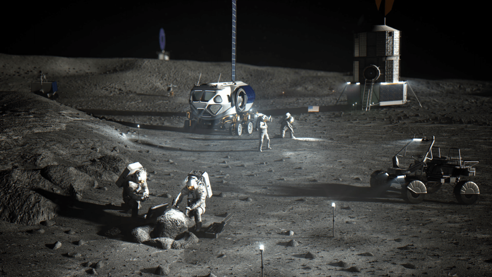 Artist's conception of a late-stage Artemis base camp near the lunar south pole.  (Image: NASA)