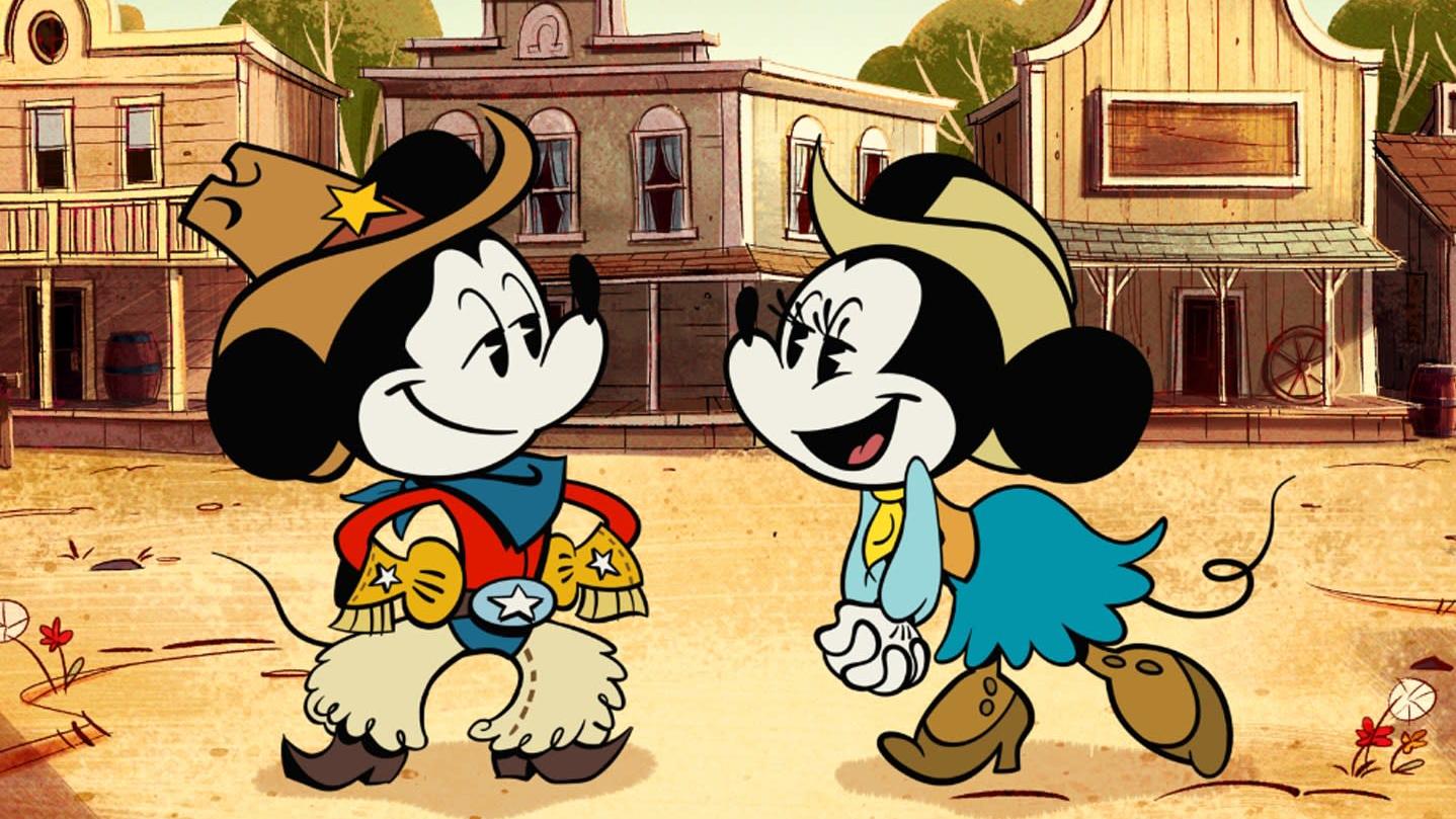 Mickey and Minnie engaging in some old-fashioned flirting. (Image: Disney)