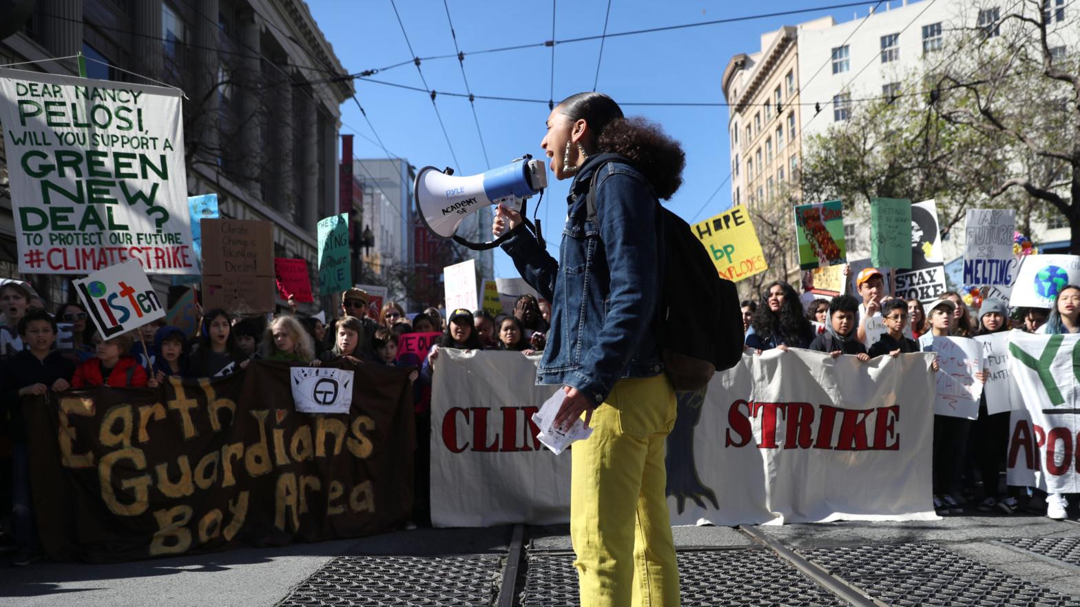 A climate striker leads a march in San Francisco in March 2019. (Photo: Justin Sullivan, Getty Images)