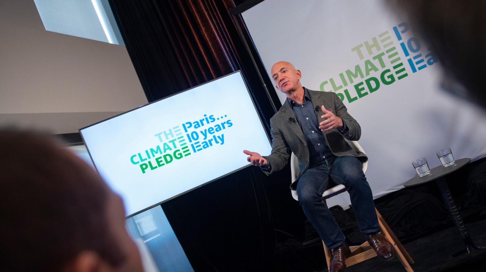Jeff Bezos touting Amazon's Climate Pledge, which benefits Amazon. (Photo: Eric Baradat/AFP, Getty Images)