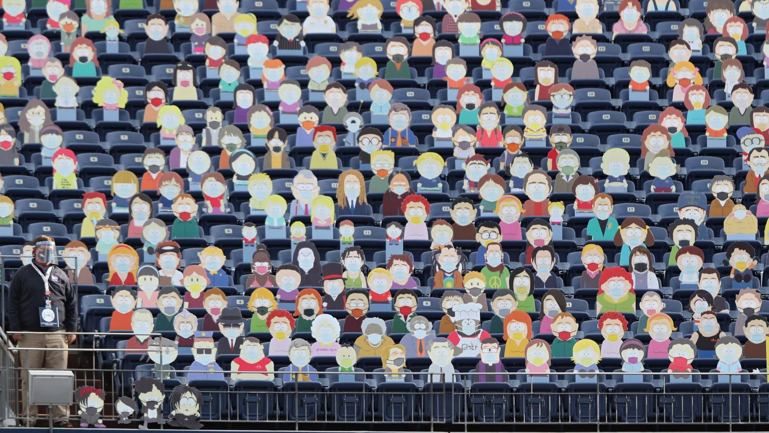 Cardboard cutouts of the television show South Park are seen in the stands as the Tampa Bay Buccaneers play against the Denver Broncos on Sept. 27, 2020 in Denver, Colorado. (Photo: Matthew Stockman, Getty Images)