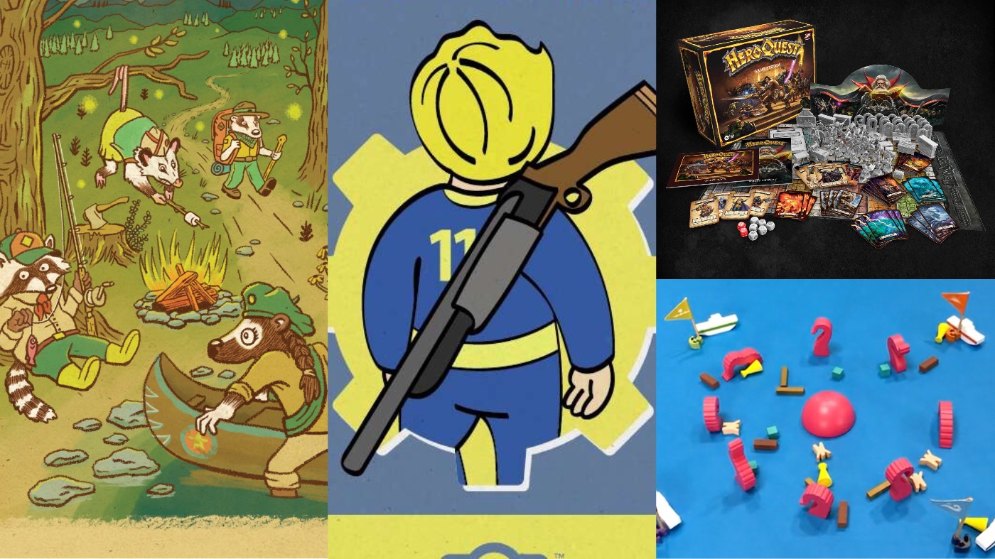Clockwise from left: Camp Pinetop, Fallout: Wasteland Warfare — The Unexpected Shepherd, HeroQuest, and Crash Octopus. (Image: Talon Strikes Studios,Image: Modiphius Entertainment,Image: Hasbro,Image: Itten)