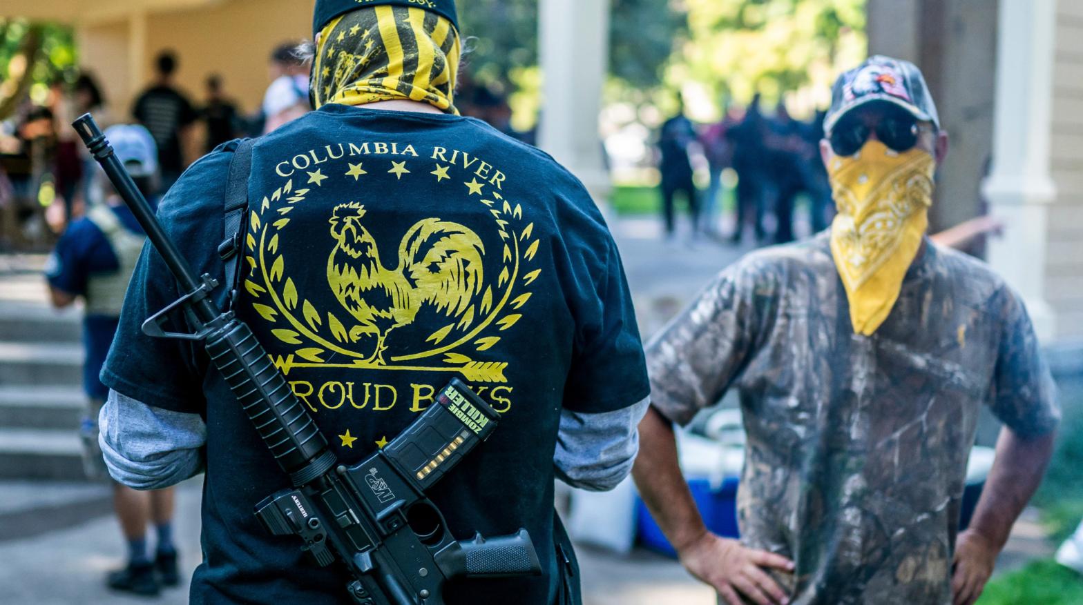 Armed Proud Boys at an Sept. 5 rally in Vancouver, Washington. (Photo: Nathan Howard, Getty Images)