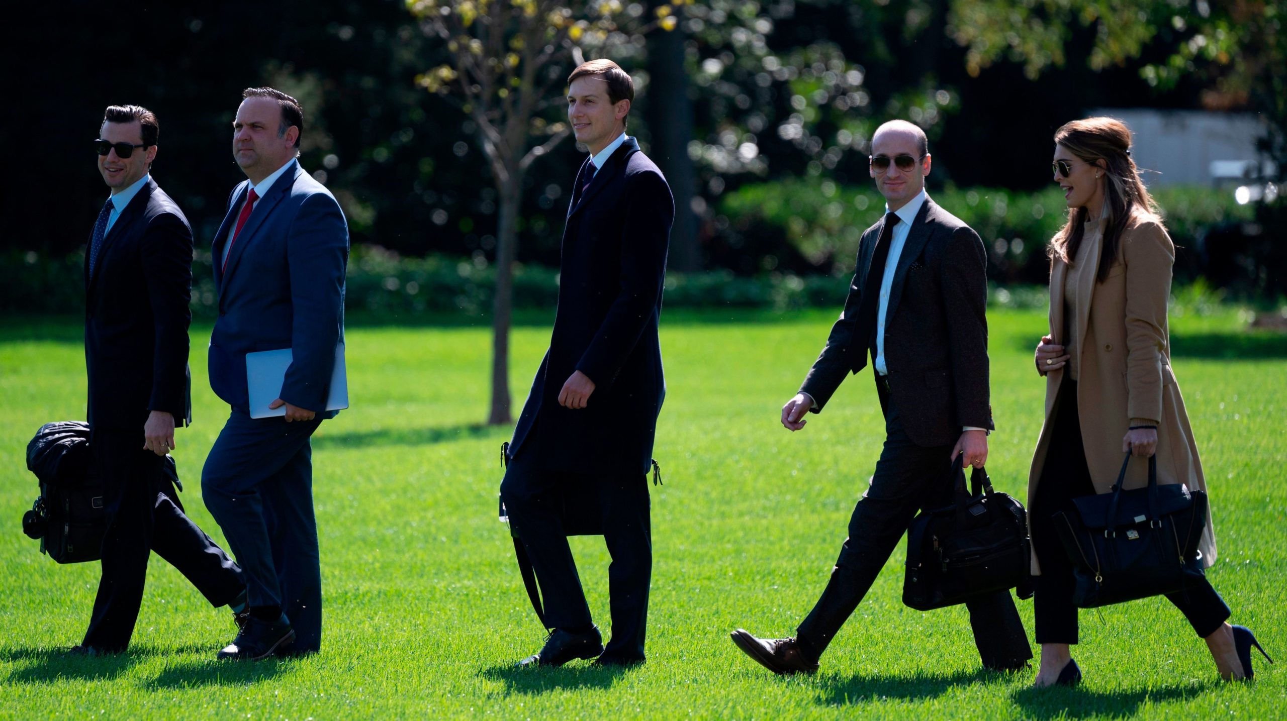Left to the right: Director of Oval Office Operations Nicholas Luna, Deputy Chief of Staff for Communications Dan Scavino, senior adviser Jared Kushner, senior adviser Stephen Miller, and counselor to the president Hope Hicks. (Photo: Andrew Caballero-Reynolds/AFP, Getty Images)