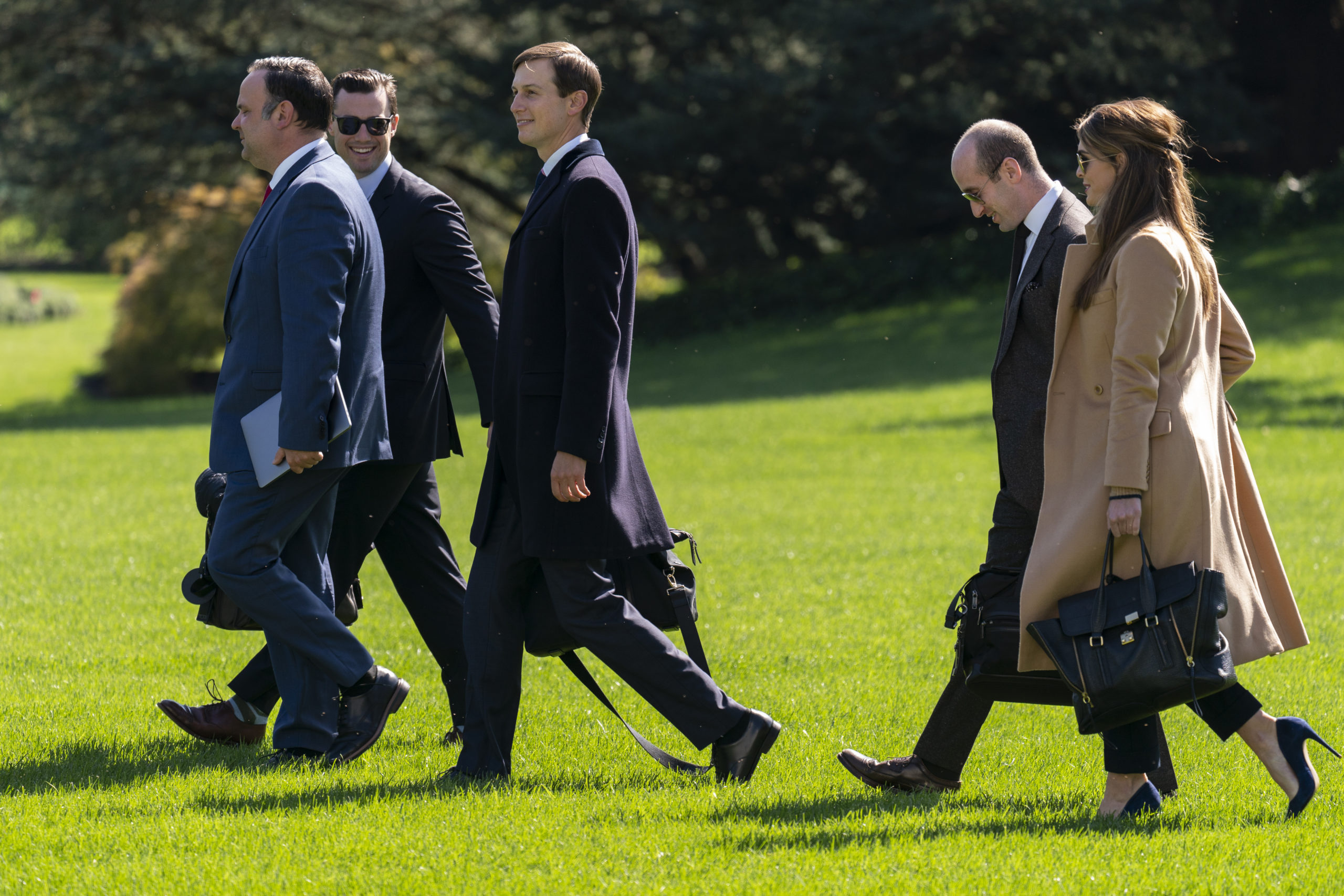 From left,  Dan Scavino, Nicholas Luna, Jared Kushner, Stephen Miller, and Hope Hicks walk to board Marine One with President Donald Trump at the White House, Wednesday, Sept. 30, 2020, in Washington, for the short trip to Andrews Air Force Base en route to Minnesota. (Photo: Carolyn Kaster, AP)