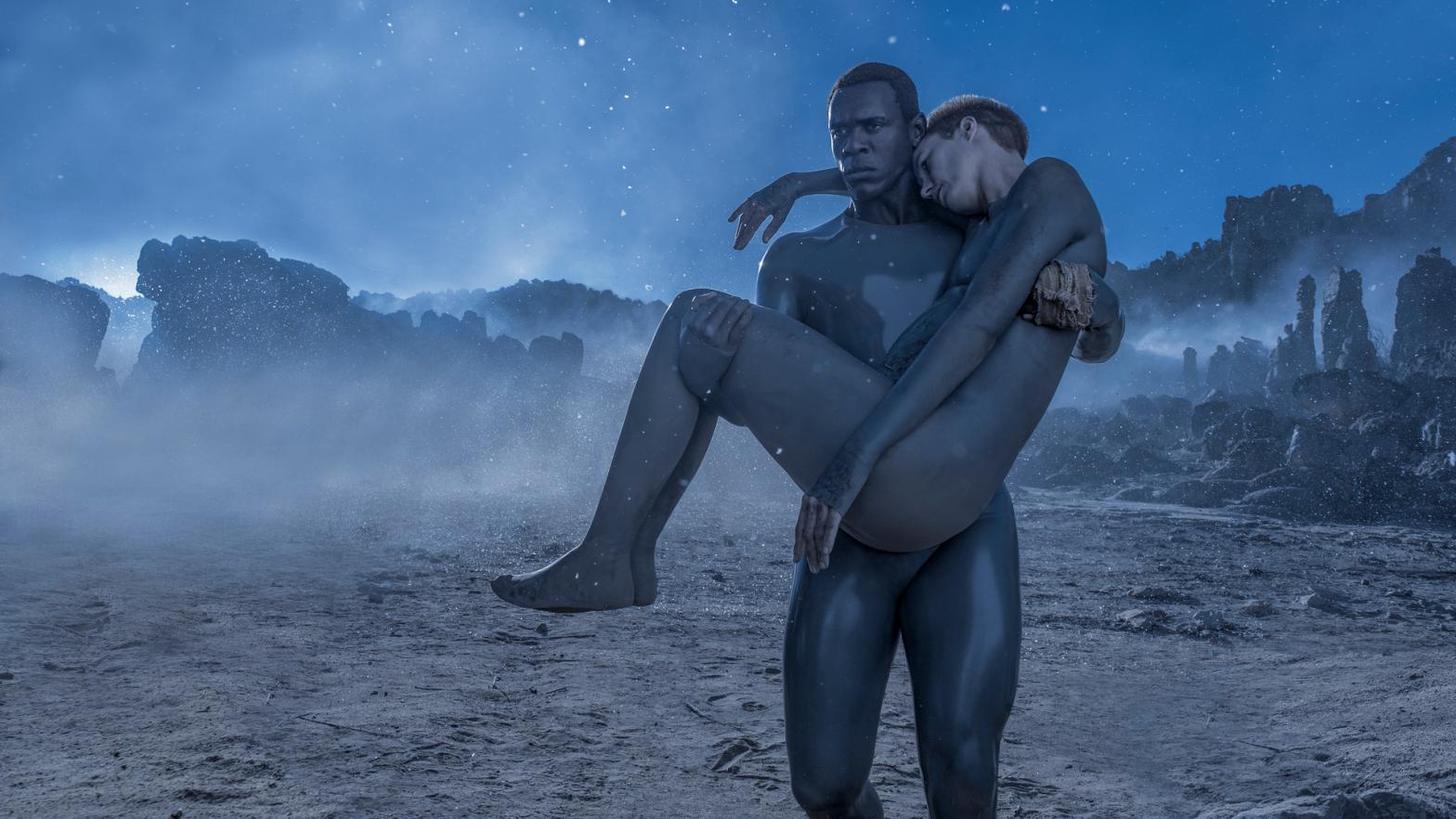 Abubakar Salim and Amanda Collin in Raised by Wolves. (Photo: Coco Van Oppens/HBO Max)