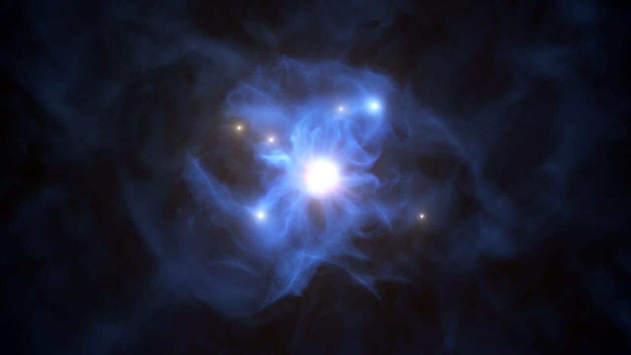 Artist's impression of the ancient web-like structure, featuring a central supermassive black hole, copious amounts of gas, and at least six primordial galaxies.  (Image: ESO)