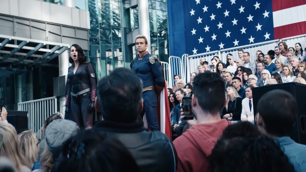 Stormfront and Homelander speaking at a rally to boost support for the creation of more super people. (Image: Amazon Studios)