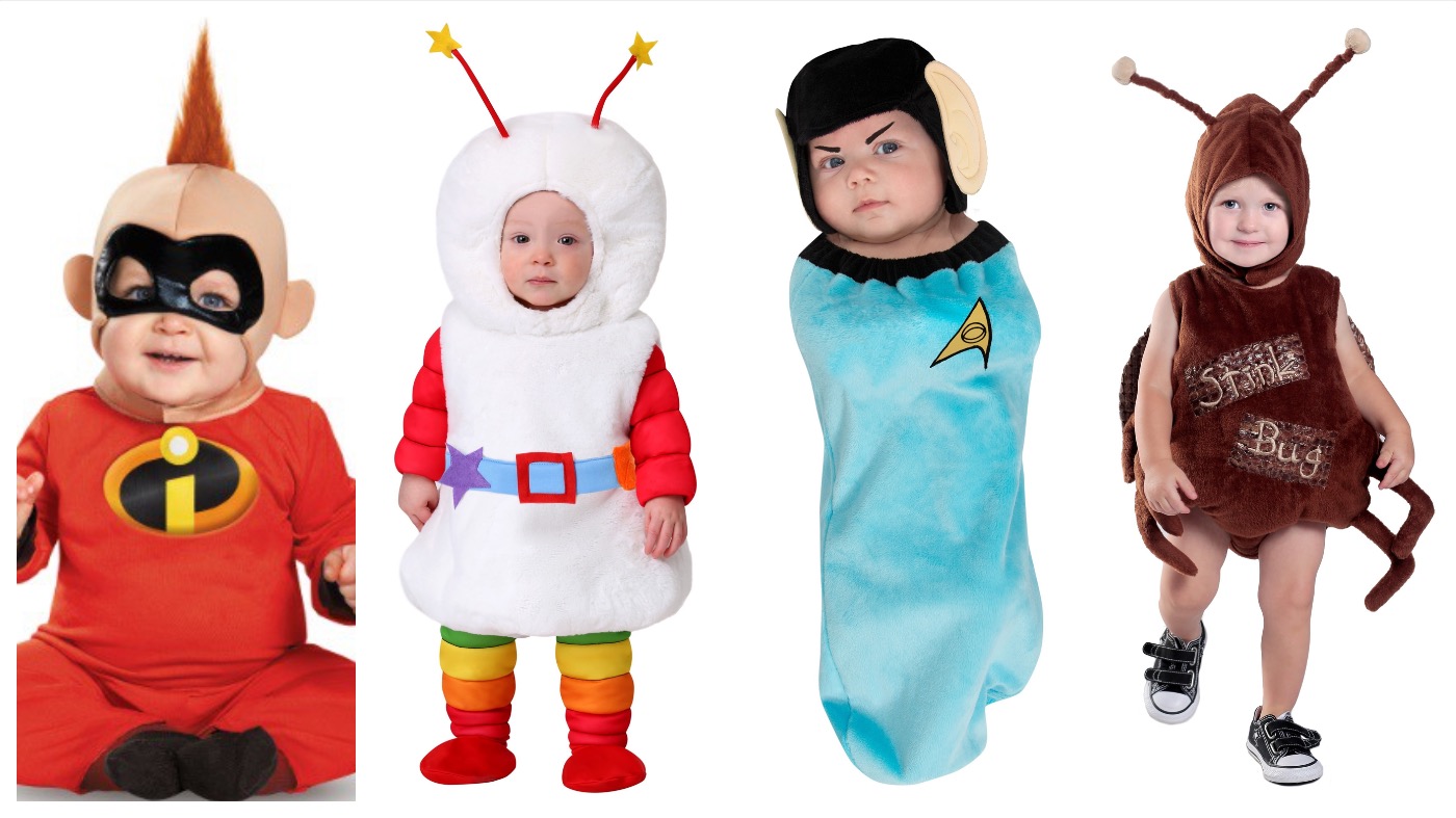 From left: Baby Jack-Jack Deluxe, Infant Rainbow Brite Sprite, Star Trek Spock Newborn Baby Bunting, Infant Stink Bug.  (Image: Halloween Costumes)