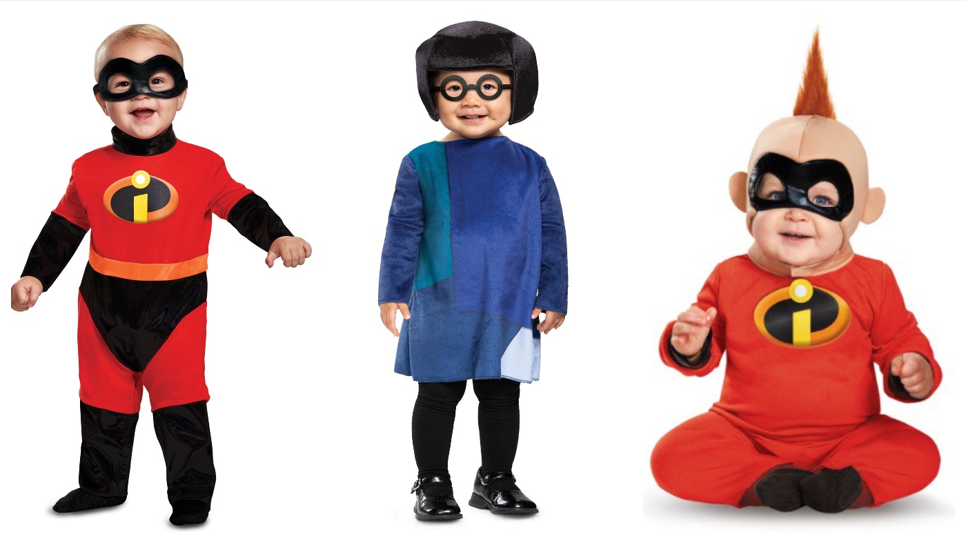 From left: Disney Incredibles 2 Classic Baby, The Incredibles Toddler Edna, Baby Jack-Jack Deluxe. (Image: Halloween Costumes)