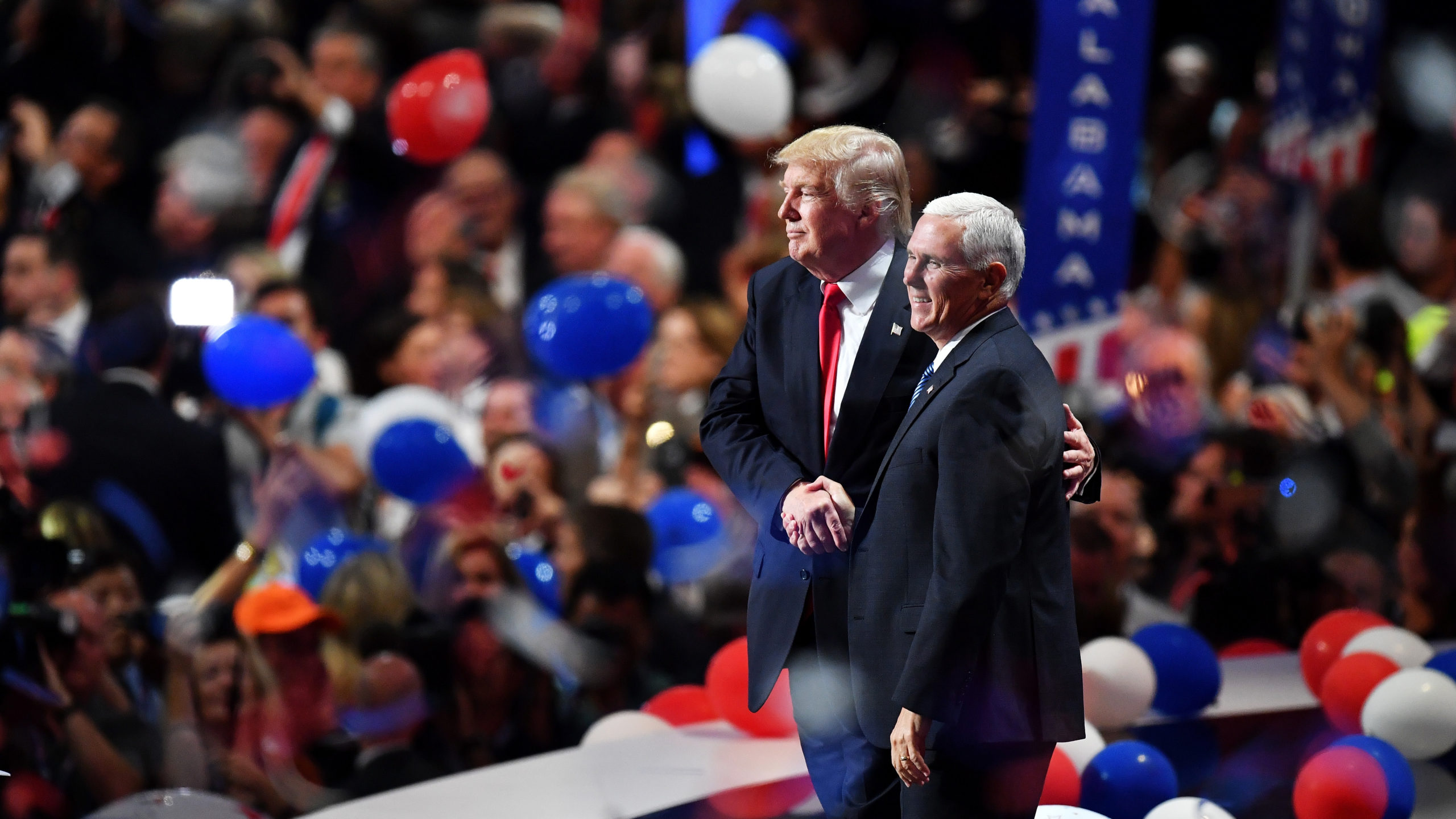 Republican presidential candidate Donald Trump and vice presidential candidate Mike Pence acknowledge the crowd at the end of the Republican National Convention on July 21, 2016. (Photo: Jeff J Mitchell, Getty Images)