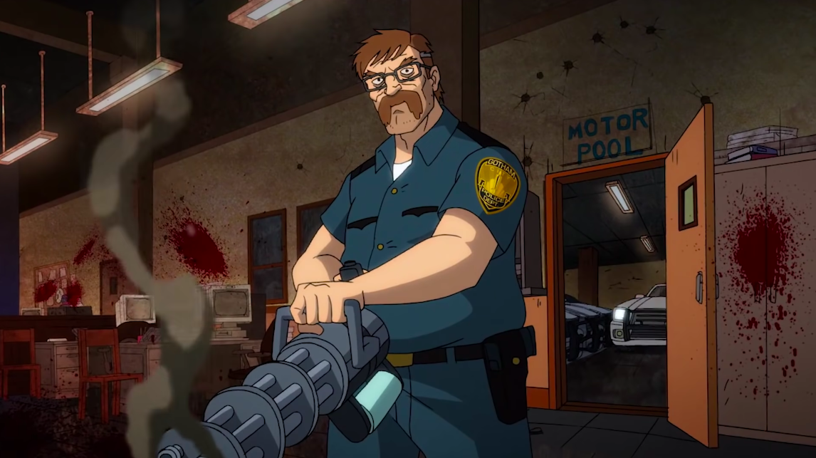 Jim Gordon murdering a bunch of criminals with a Gatling gun. (Screenshot: DC Universe/HBO Max)