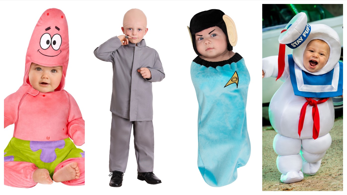 From left: Baby Patrick Star, Toddler Mini-Me, Star Trek Spock Newborn Bunting, Ghostbusters Infant Stay Puft. (Image: Halloween Costumes,Image: Spirit Halloween)