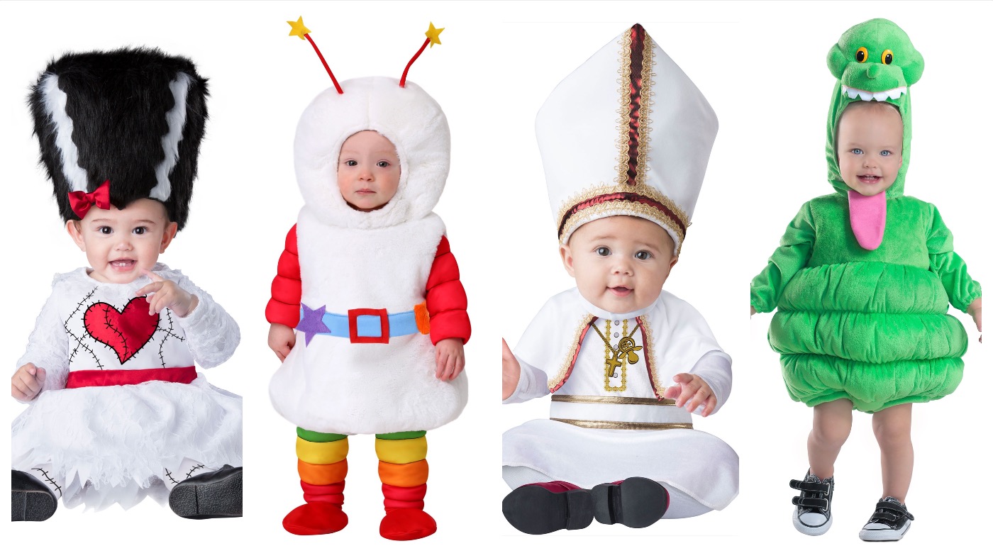 From left: Infant Monsters Bride, Infant Rainbow Brite Sprite, Infant Pint-Sized Pope, Child Deluxe Slimer. (Image: Halloween Costumes)