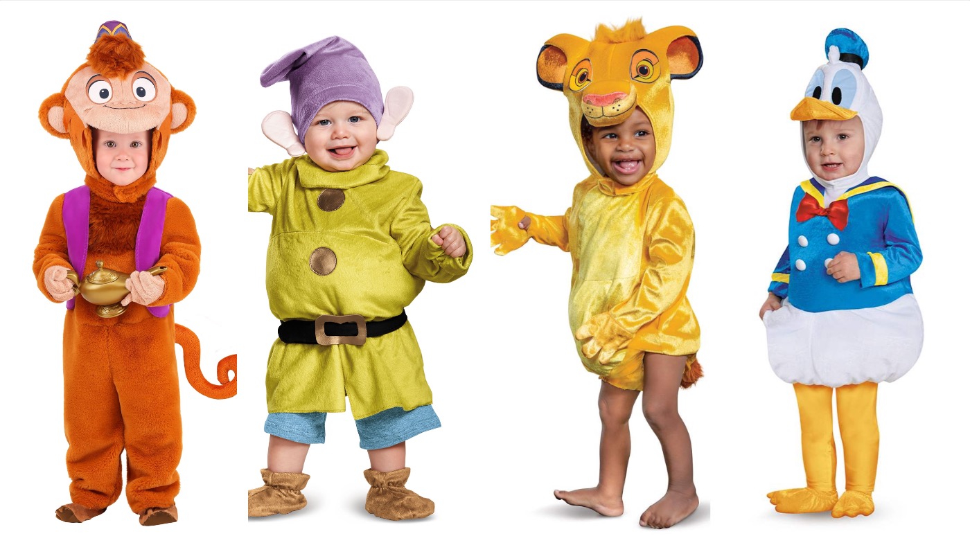 From left: Aladdin Toddler Abu Deluxe, Dopey Deluxe, Baby Simba, Baby Donald Duck. (Image: Halloween Costumes,Image: Spirit Halloween)