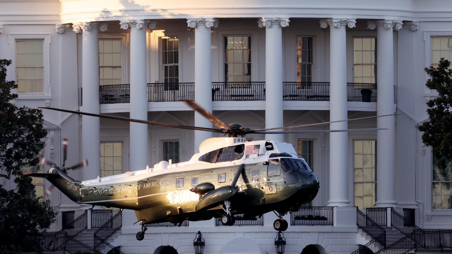 Marine One, the presidential helicopter, carries U.S. President Donald Trump away from the White House on the way to Walter Reed National Military Medical Centre on October 2, 2020 in Washington, D.C. (Image: Win McNamee, Getty Images)