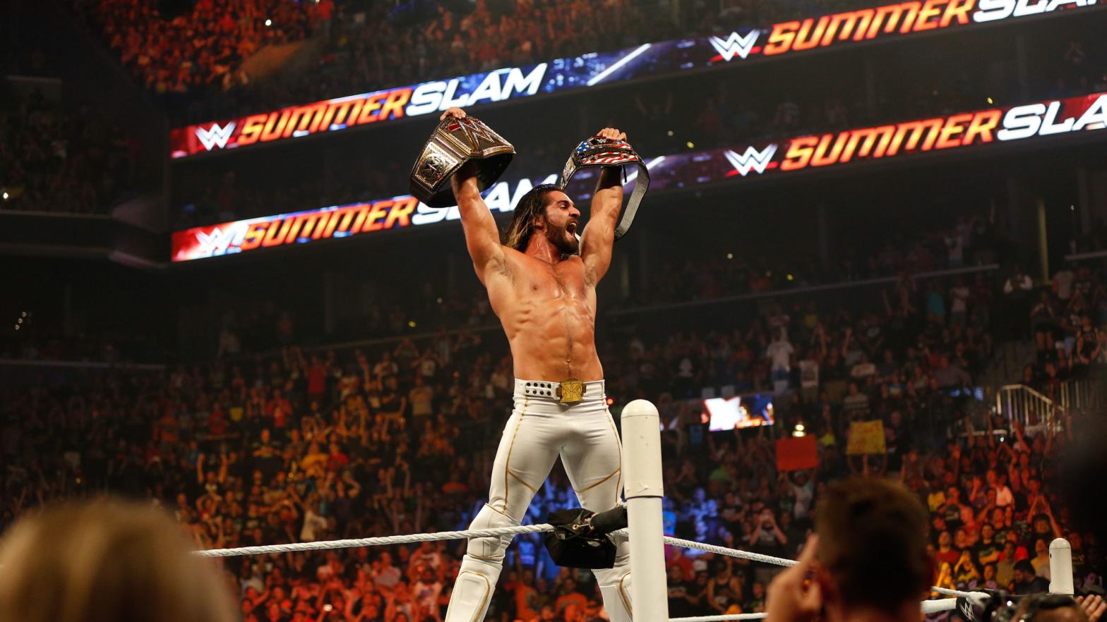 Seth Rollins celebrates his victory over John Cena at the WWE SummerSlam 2015 at Barclays Centre of Brooklyn on August 23, 2015 in New York City.  (Photo: JP Yim, Getty Images)