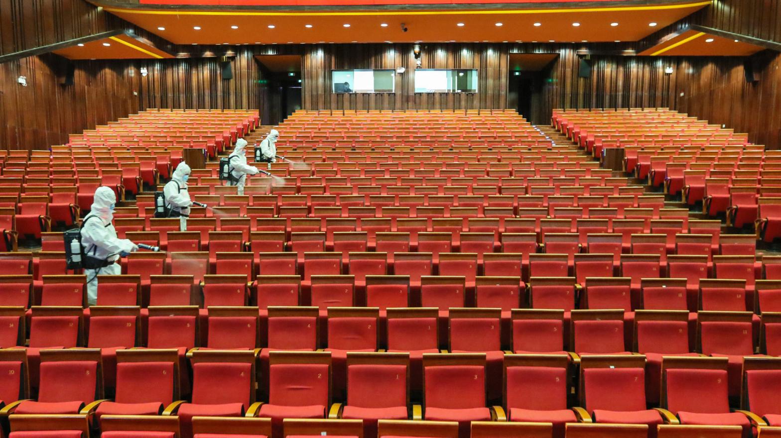 Image of a theatre being disinfected in China.  (Photo: STR, Getty Images)