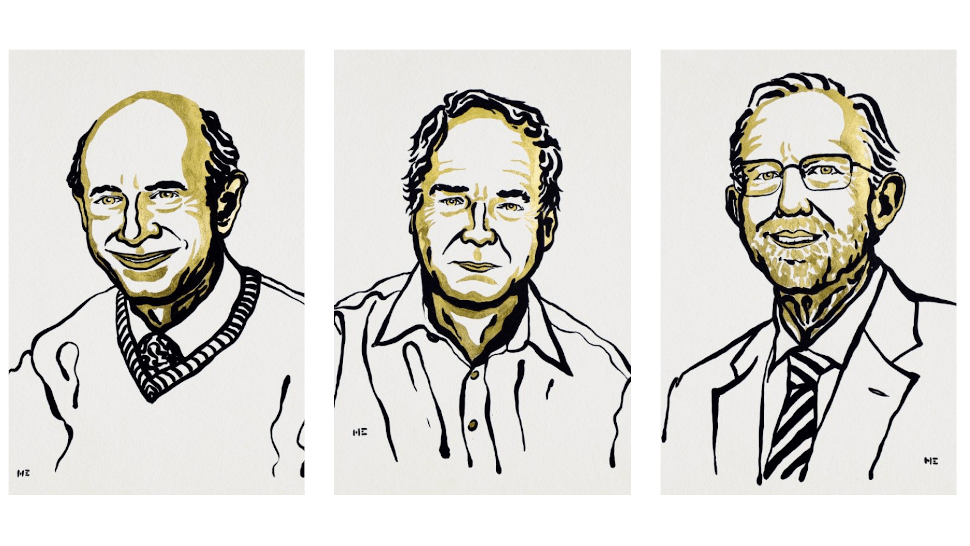 Depictions of Harvey Alter, Michael Houghton, and Charles Rice. (Image: Niklas Elmehed/Nobel Media)