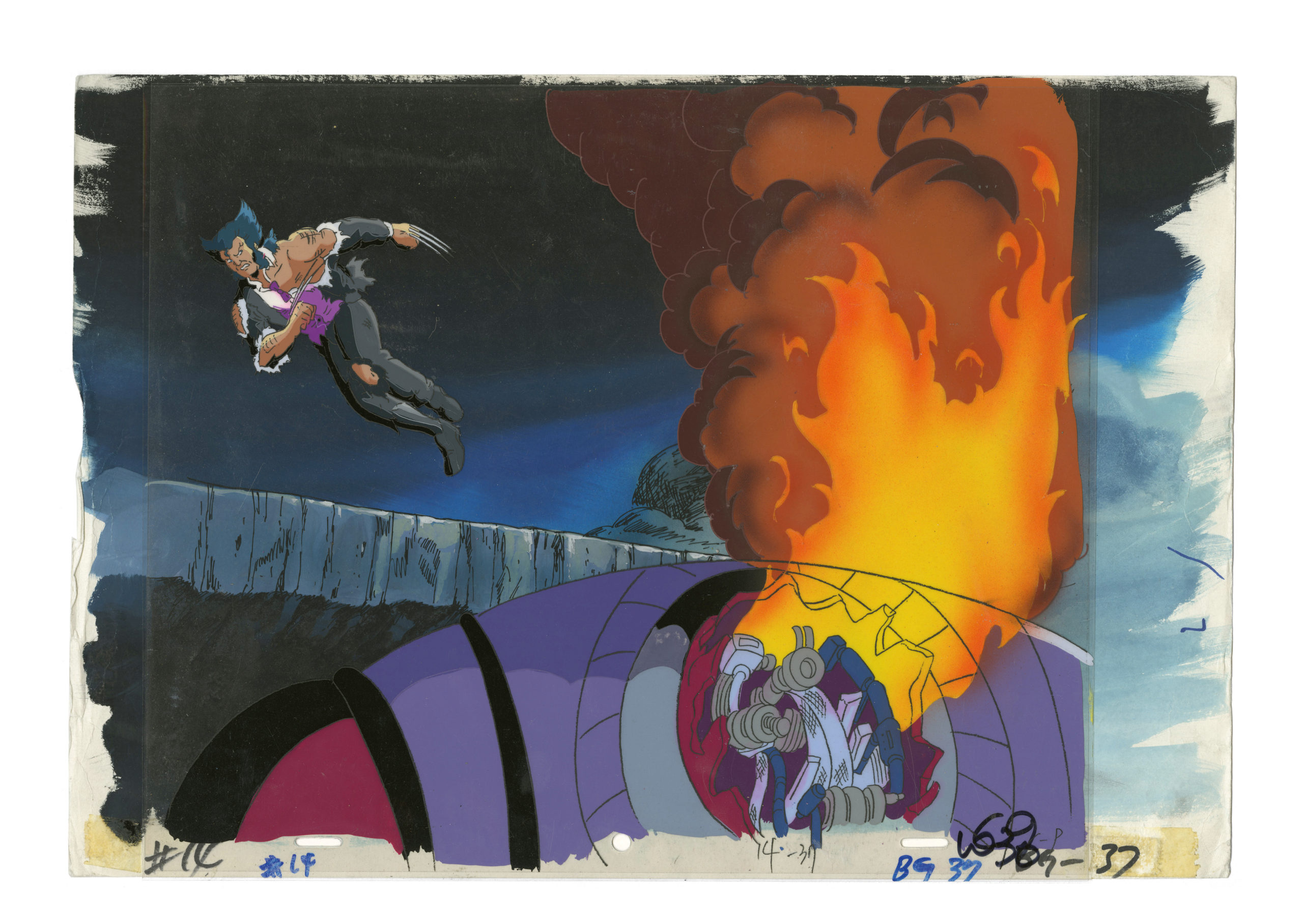 Production cel of Wolverine, in the Danger Room, ferociously destroying a Sentinel robot that looked like Cyclops — who at that moment is marrying Jean Grey. Wolverine is formally dressed to go to the wedding, but his despair at losing Jean to Scott keeps him away. (Image: Abrams)
