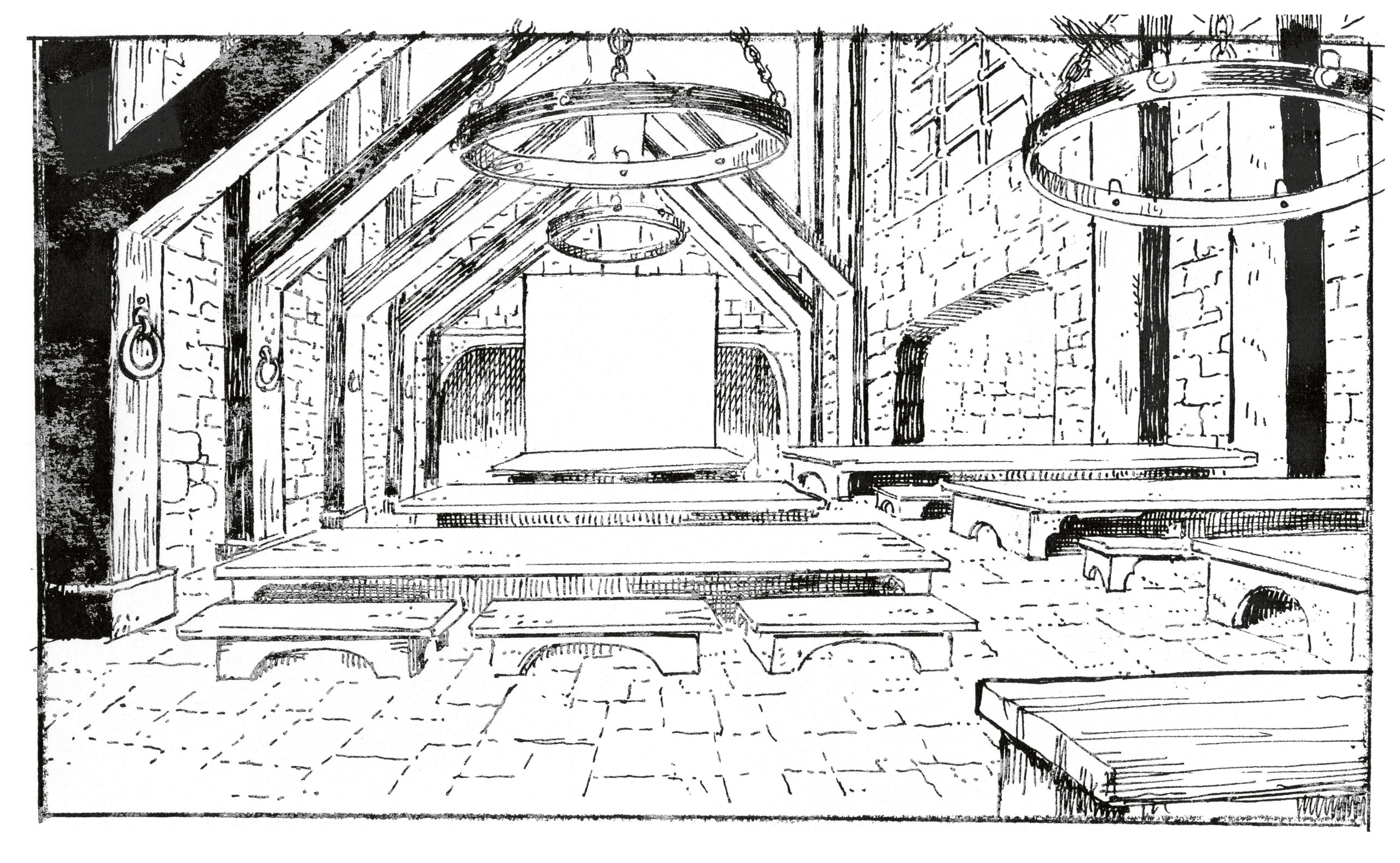 Interiors of a monastery dining hall featured in the series. (Illustration: Squillace, Pat Agnasin, Abrams)