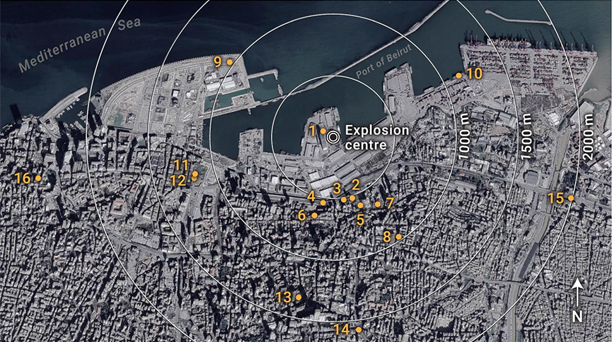 Map showing the locations of the 16 videos used for the analysis (yes, a video taken right next the warehouse managed to survive).  (Image: S. E. Rigby et al., 2020/Shock Waves)