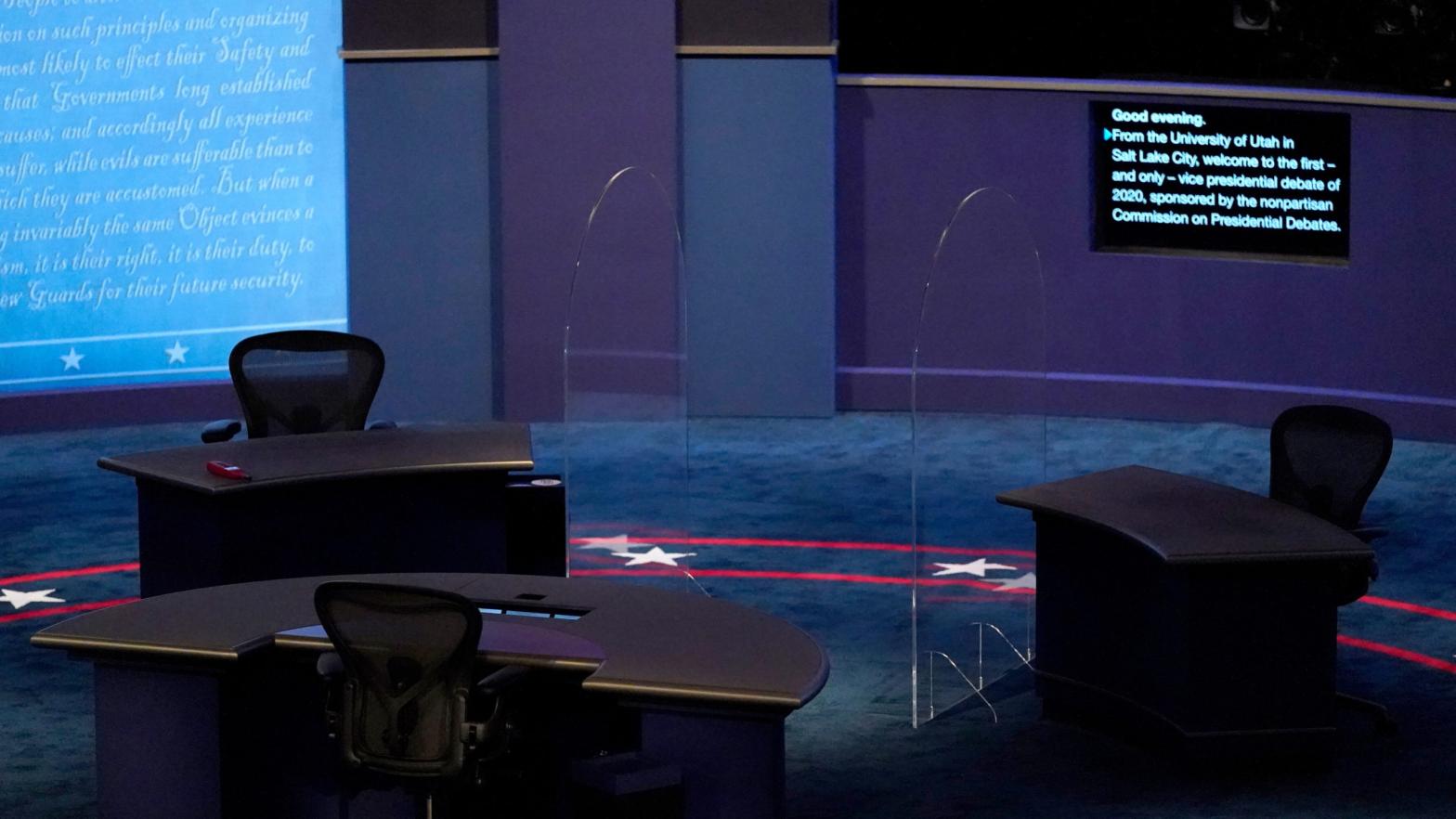 The debate stage of Wednesday's vice presidential debate at the University of Utah in Salt Lake City, which now features two very useless panes of plexiglass.  (Photo: Julio Cortez, AP)