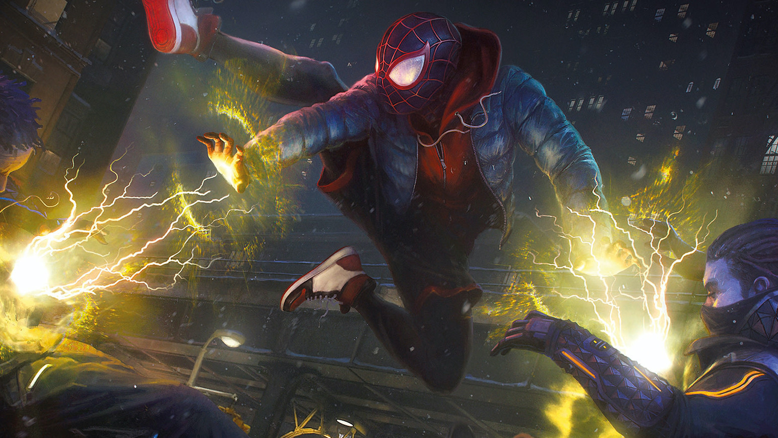 Miles Morales zapping two of his enemies on the cover of Marvel's Spider-Man: Miles Morales - The Art of the Game. (Screenshot: Titan Books)
