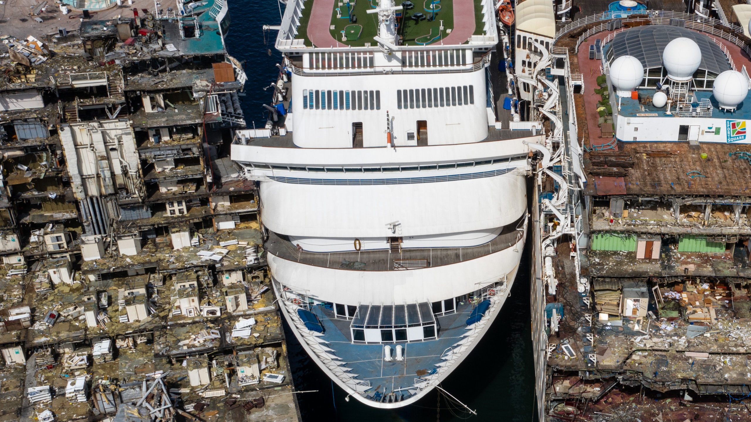 In this aerial view from a drone, luxury cruise ships are seen being broken down for scrap metal at the Aliaga ship recycling port on October 02, 2020 in Izmir, Turkey. (Photo: Chris McGrath, Getty Images)