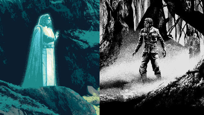 Two bookends of the life of Luke Skywalker, seen in crops of a new poster by Mark Englert. (Image: Bottleneck/Acme)