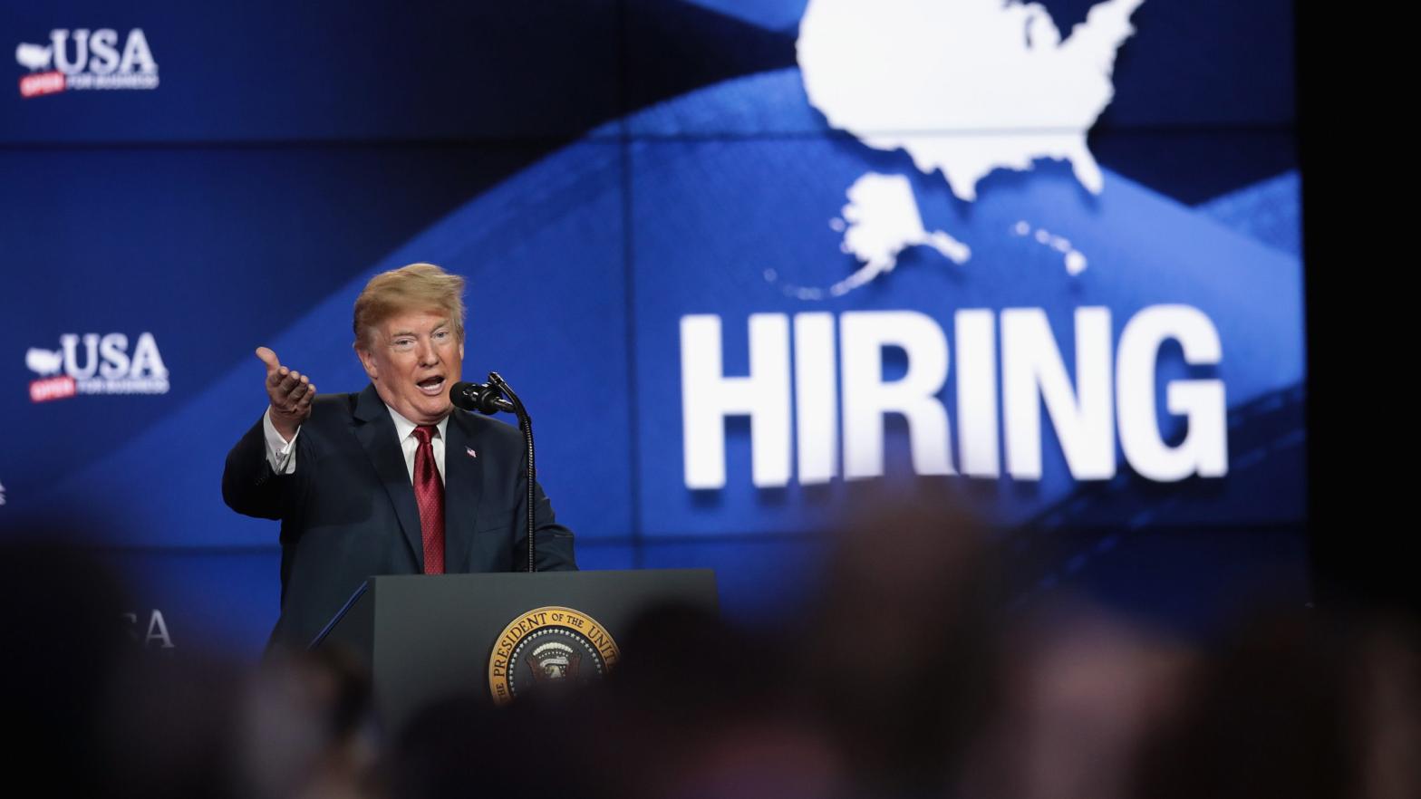 President Donald Trump speaks to guests during a groundbreaking ceremony for the $US10 ($14) billion Foxconn factory complex on June 28, 2018 in Mt. Pleasant, Wis. (Photo: Scott Olson, Getty Images)