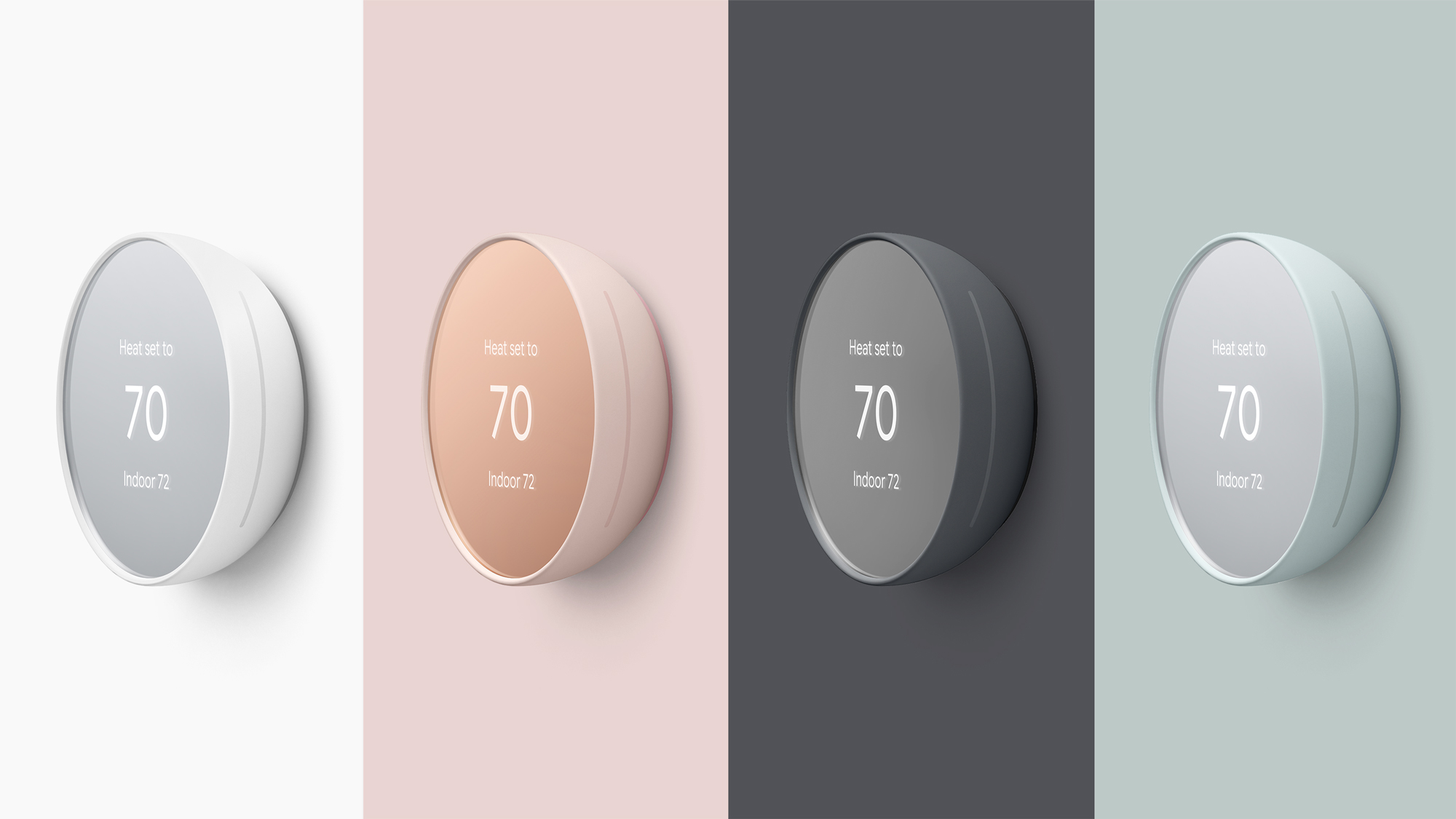Colour options for the new Nest Thermostat include snow, sand, charcoal, and fog — which most of us refer to as green. (Image: Nest)