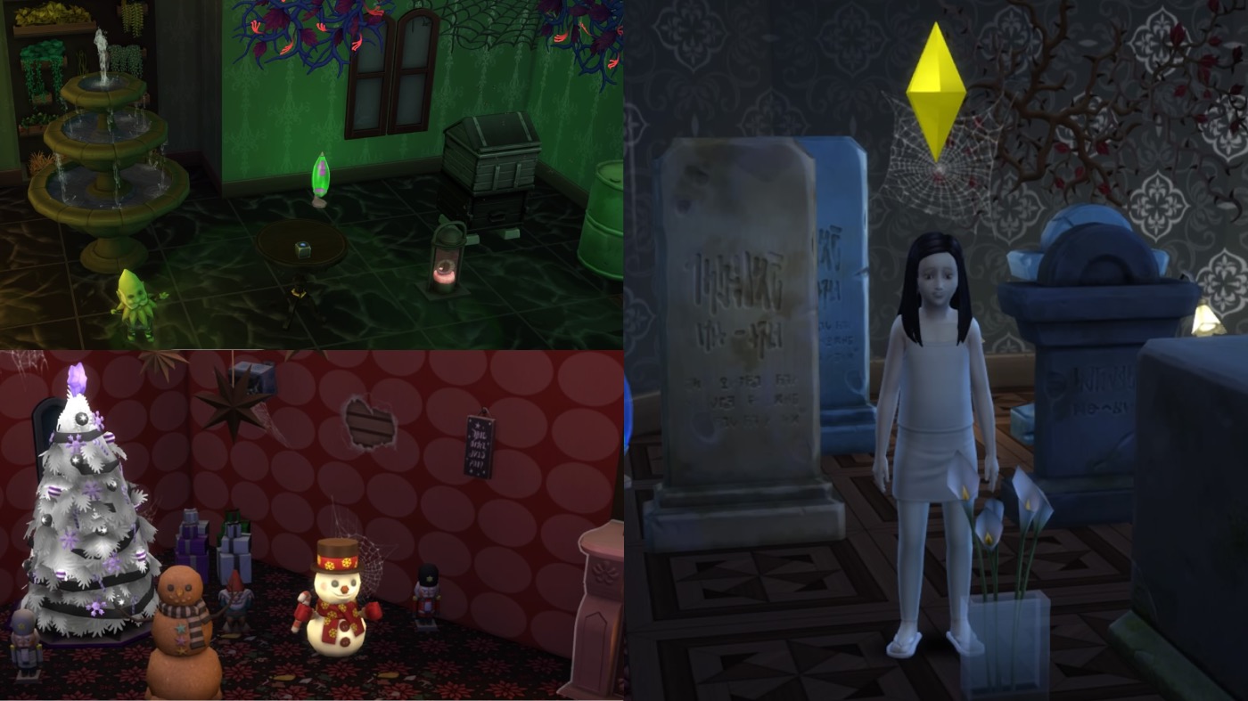 Clockwise from top left: The Poison Garden, Ghost Child spending time in her favourite cemetery, and the Room of Never-Ending Christmas. (Image: Electronic Arts)