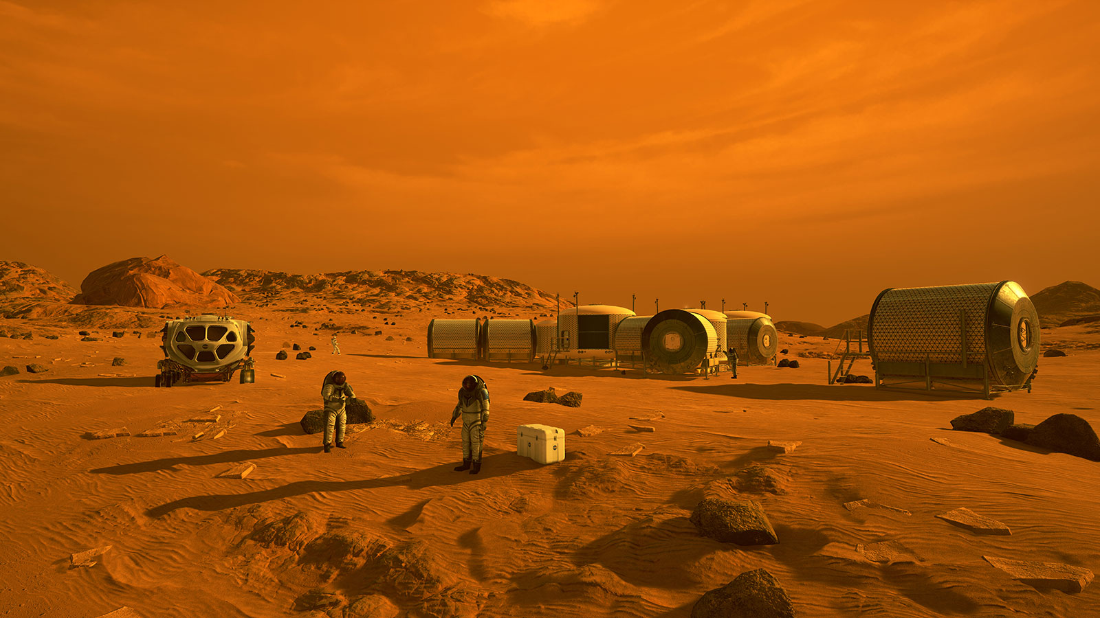 Artist's concept of a crewed mission to Mars, along with habitats and pressurised rover.  (Graphic: NASA)