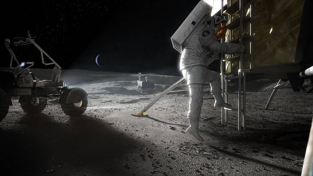 Concept image showing an Artemis astronaut stepping onto the lunar surface.  (Image: NASA)