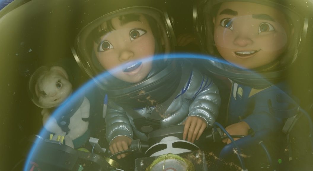 A little girl goes to the moon, with her rabbit and step-brother, in Over the Moon. (Image: Netflix)
