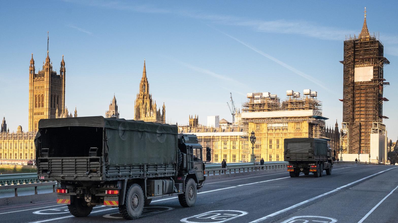 Military vehicles cross Westminster Bridge on March 24, 2020 in London, England. (Photo: Leon Neal, Getty Images)