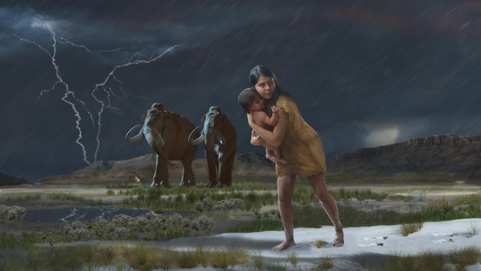 Artist's depiction of a woman and child in White Sands (Illustration: Karen Carr/National Park Service)