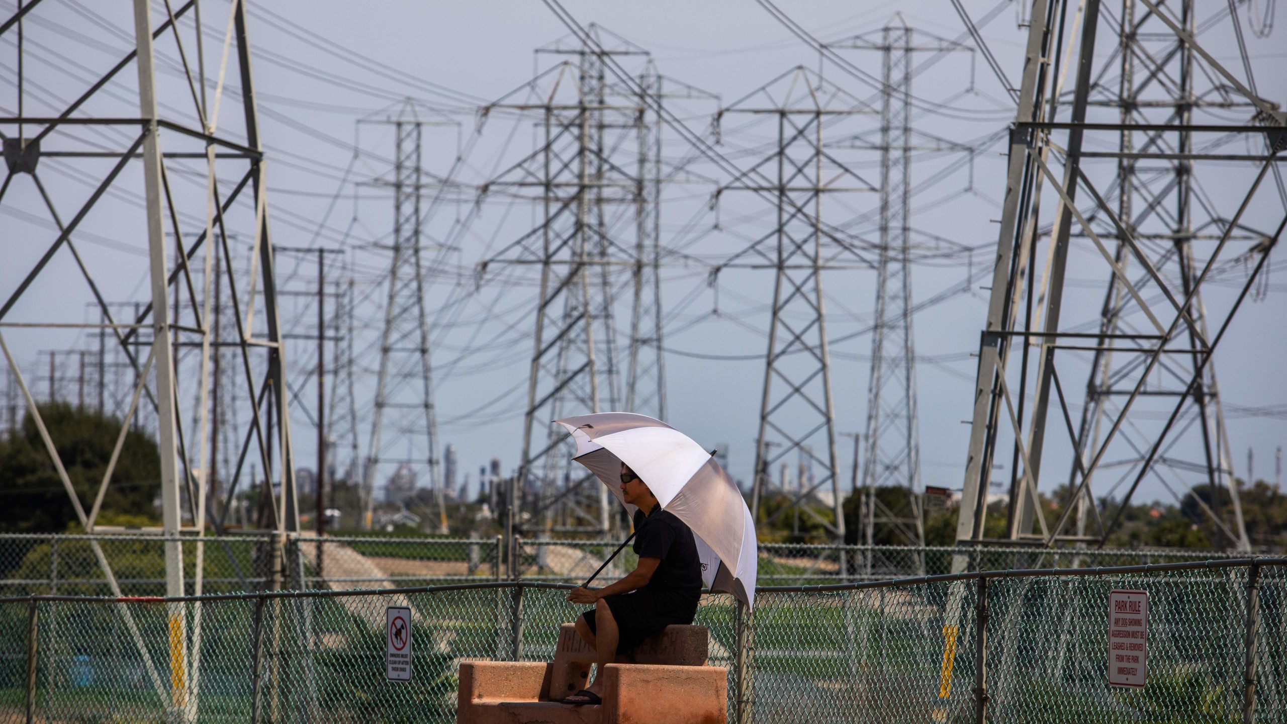 A man sits in the shade of his umbrella at the Dog Park under high tension power lines in Redondo Beach, California on Aug. 16, 2020. California ordered rolling power outages for the first time since 2001 as a statewide heat wave strained its electrical system. (Photo: Apu Gomes/AFP, Getty Images)