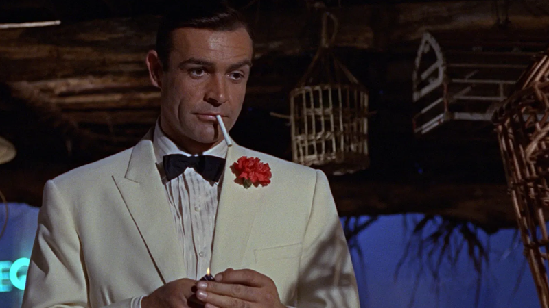 Connery in one of his greatest looks, and finest performances as James Bond in Goldfinger. (Image: United Artists)