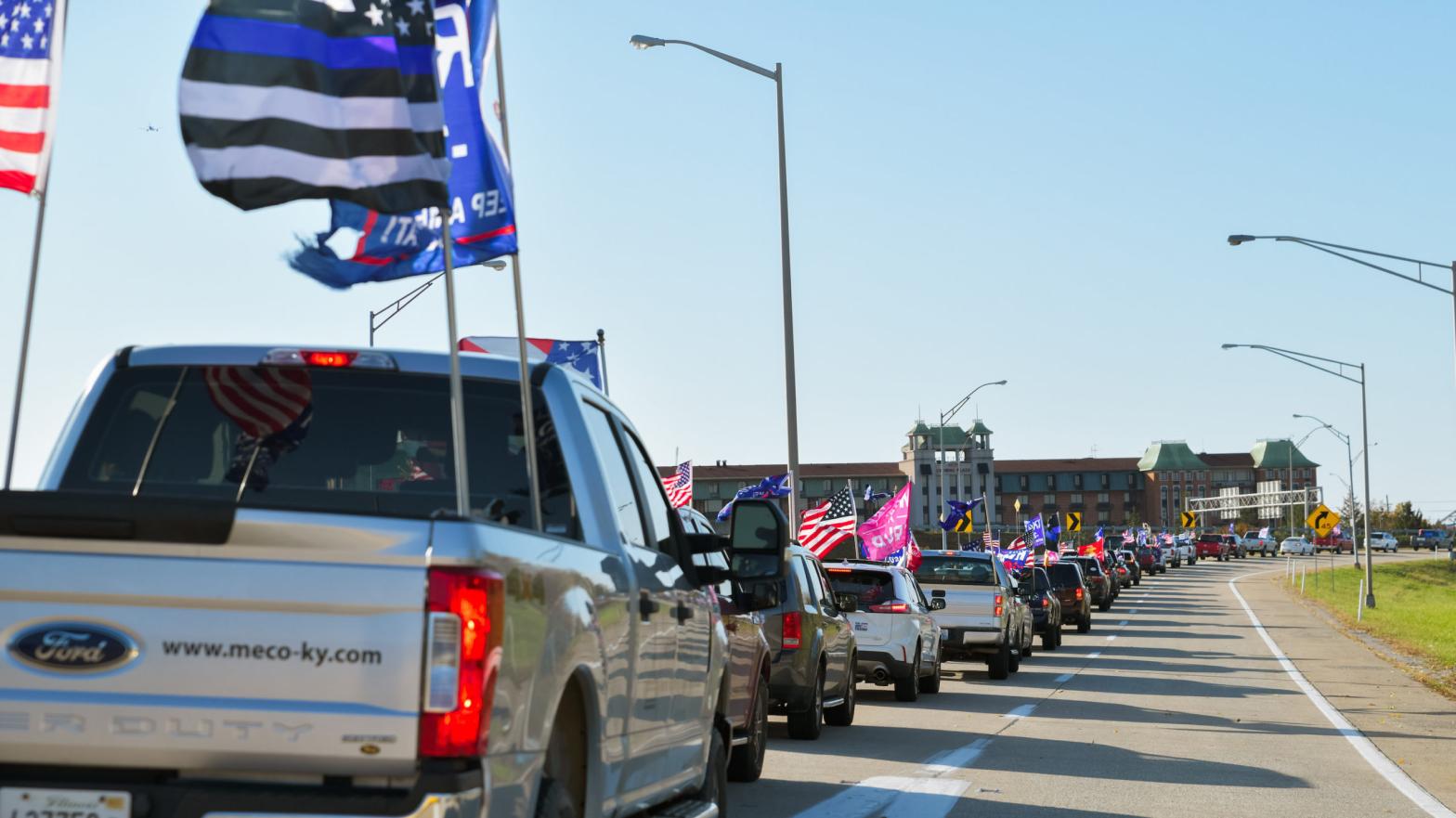 Vehicles participating in the Trump Train caravan on wait in interstate traffic on Nov. 1, 2020. (Photo: Jon Cherry, Getty Images)