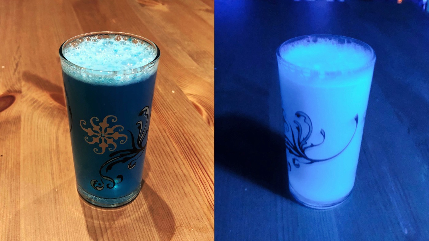 I made mine without the fizz because of the salmonella risk with egg whites. Glows in the black light just as well, though!  (Photo: Beth Elderkin)