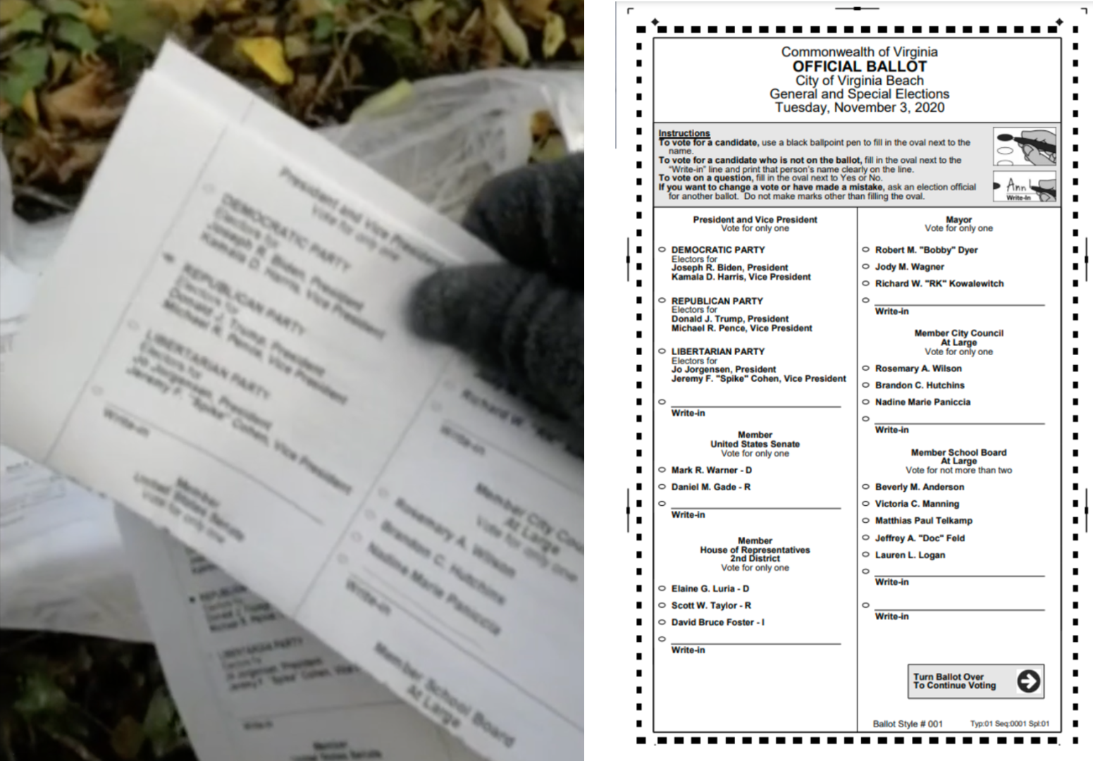 Sample ballots from a viral video (left) and what real ballots look like in Virginia, complete with bar code markings (right) (Image: Twitter/City of Virginia Beach)