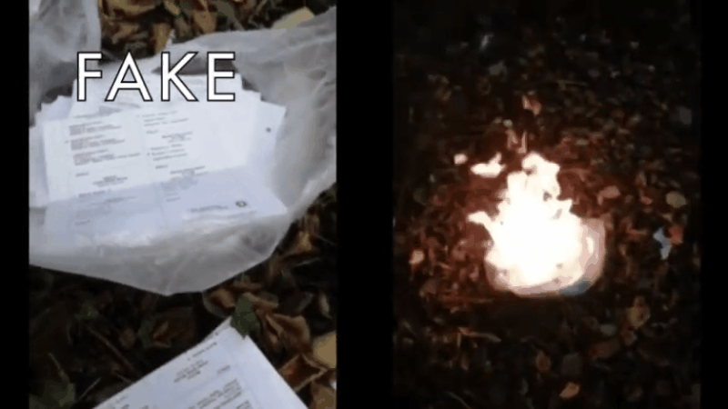 Shots from a viral video falsely claiming to show ballots for President Donald Trump being set on fire (Gif: Twitter)