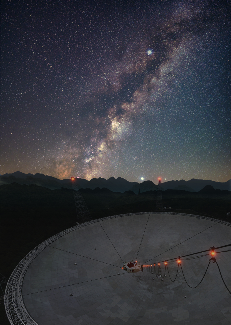 The Five-hundred-metre Spherical Aperture Telescope (FAST) in Guizhou province, China. (Image: Bojun Wang, Jinchen Jiang with post processing by Qisheng Cui.)