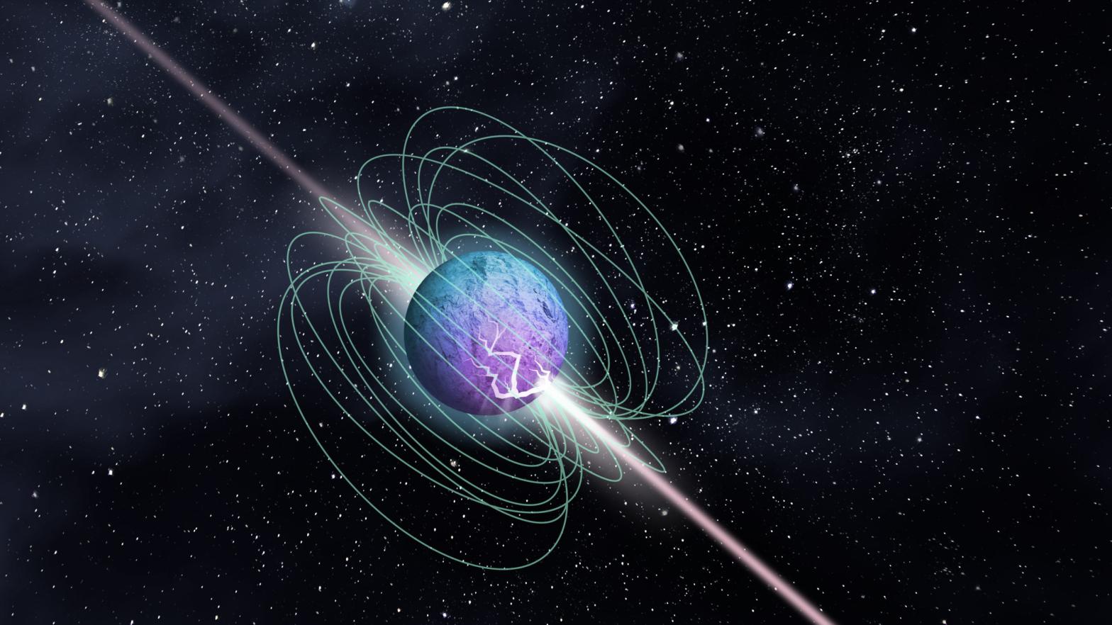Artist's impression of a magnetar outburst, showing the object's magnetic field and bi-directional beamed emission, having burst out from a crust cracking episode.  (Image: McGill University Graphic Design Team)