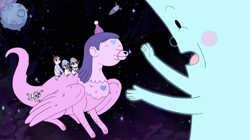Oscar, Hedgehog, Puddle, the King, and their steed playing with the Moon. (Screenshot: Cartoon Network/HBO Max)