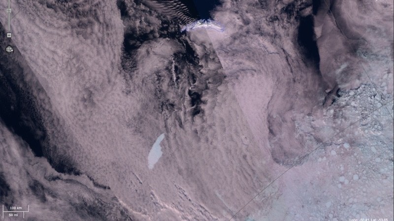 A68a is the object that resembles a pointed finger. It's currently 250 miles (400 km) southwest of South Georgia island.  (Image: Copernicus Sentinel 3 Mosaic/Polar View)