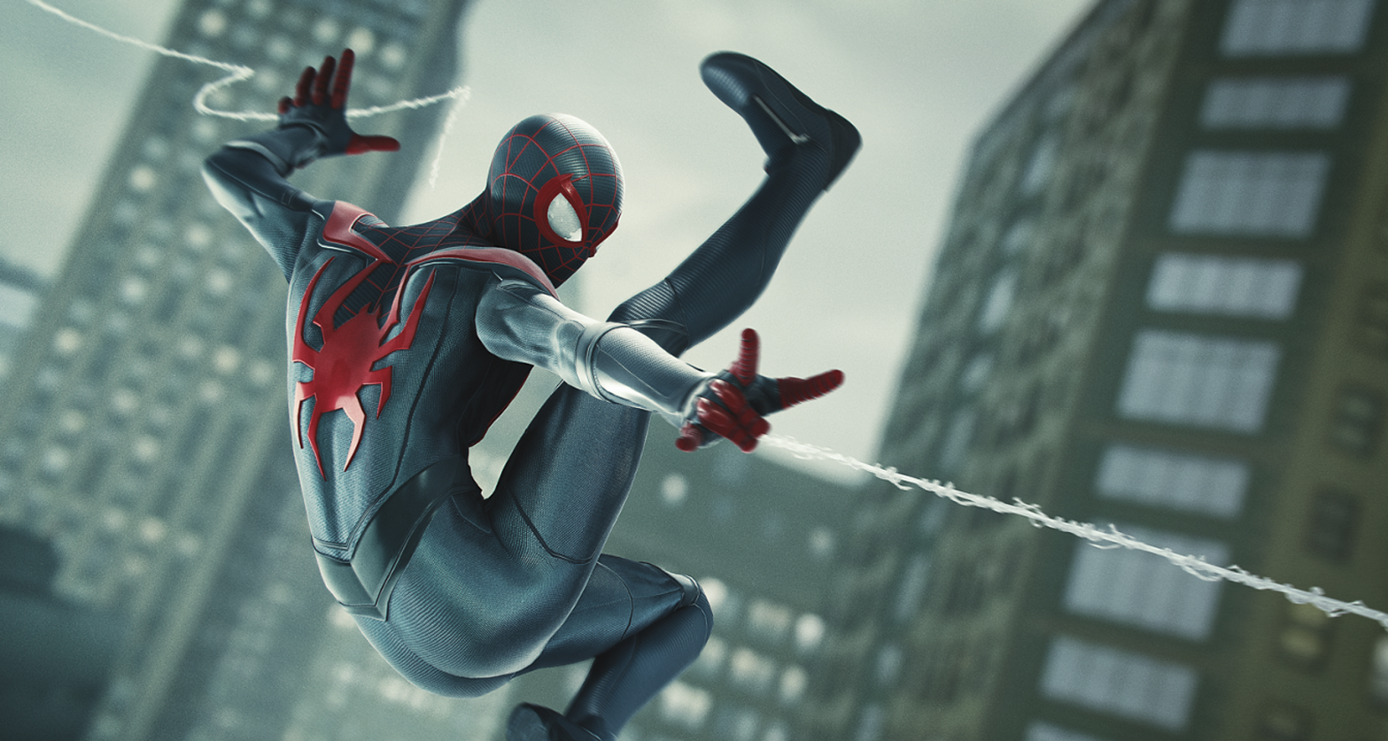 Miles Morales swings into action in his very own video game. (Image: Sony/Insomniac Games)